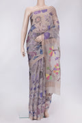 Grey Dual Tone Tussar Silk Saree with Printed design on the body and Zari Border.  displayed on a mannequin
