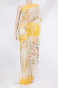 Off White Organza Silk Saree with Floral Print on the body and Plain Border.  displayed on a mannequin