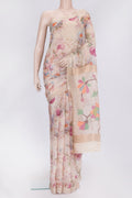 Rose Gold Dual Tone Tussar Silk Saree with Printed design on the body and Zari Border.  displayed on a mannequin