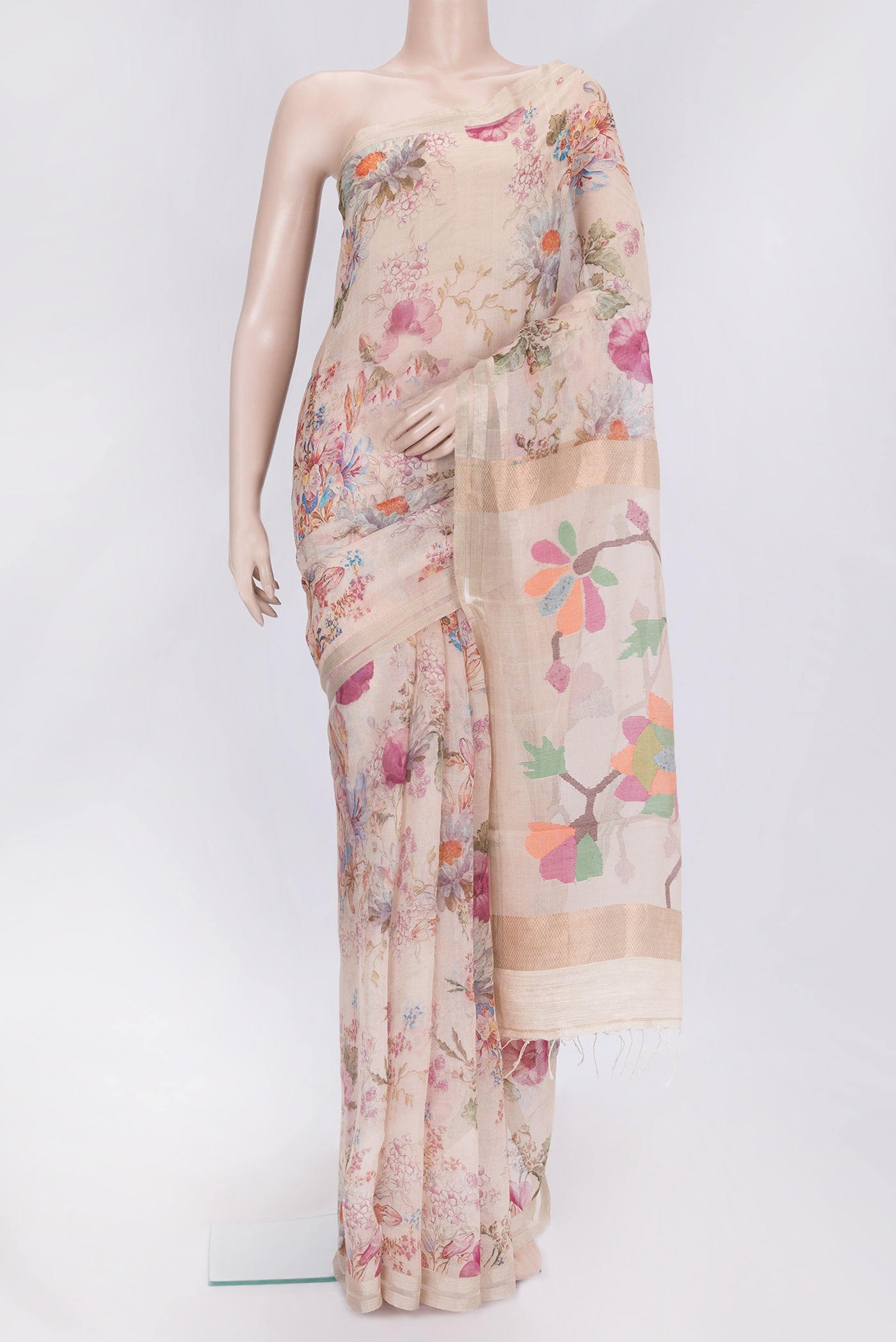 Rose Gold Dual Tone Tussar Silk Saree with Printed design on the body and Zari Border.  displayed on a mannequin
