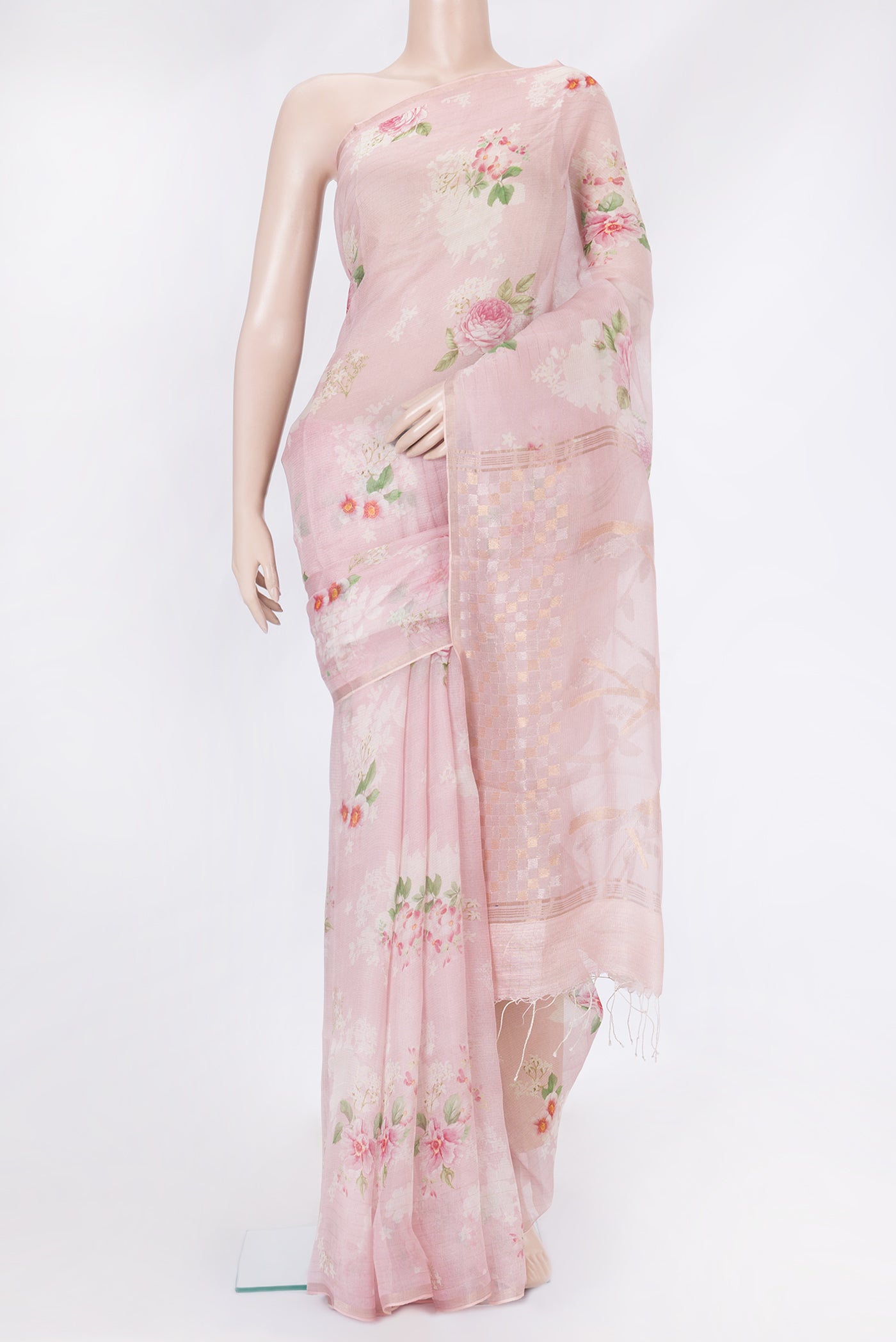 Pink Dual Tone Tussar Silk Saree with Printed design on the body and Zari Border.  displayed on a mannequin