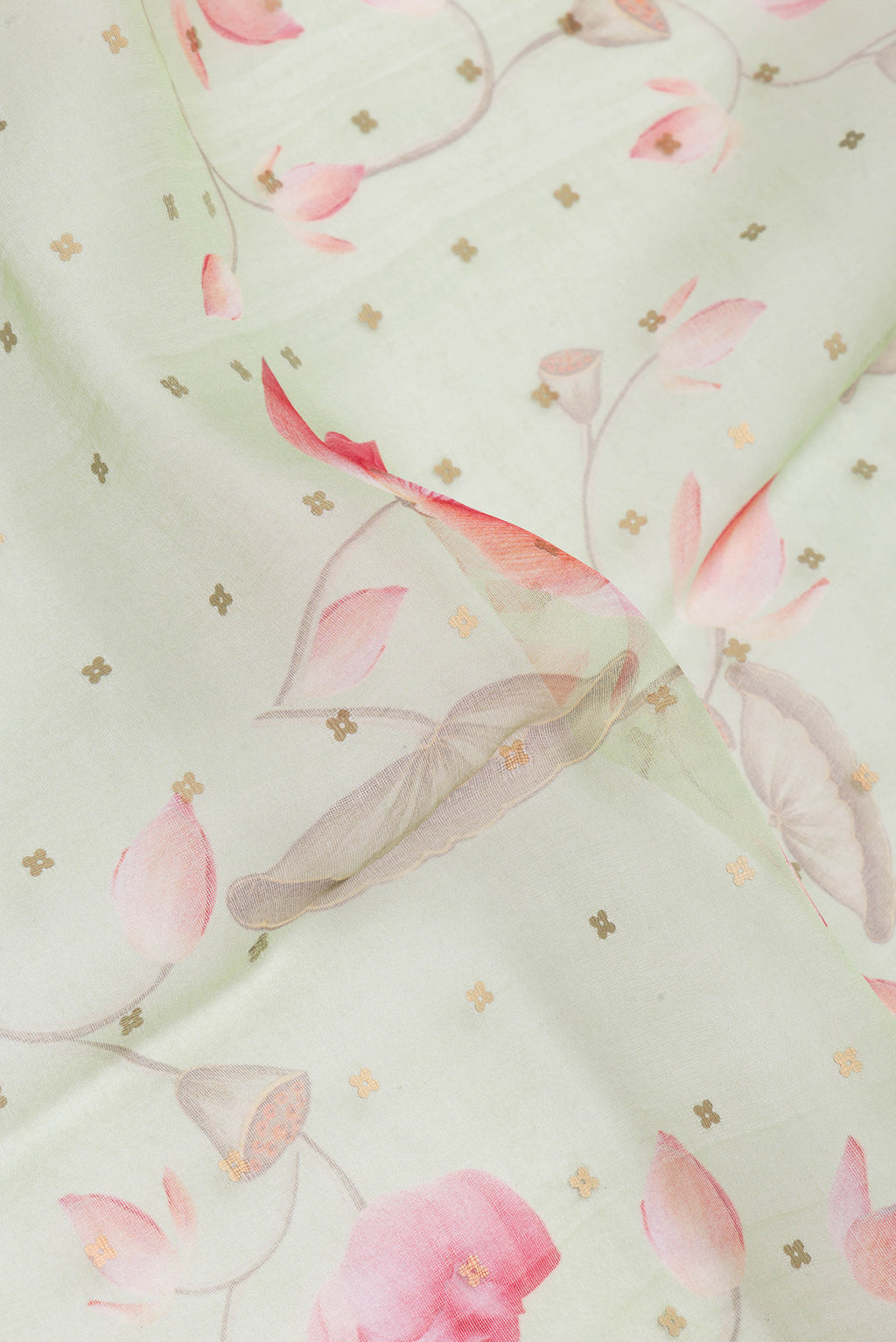 Close up of Pista Green Organza Silk Saree with Floral Print on the body and Zari Border.  displaying folds