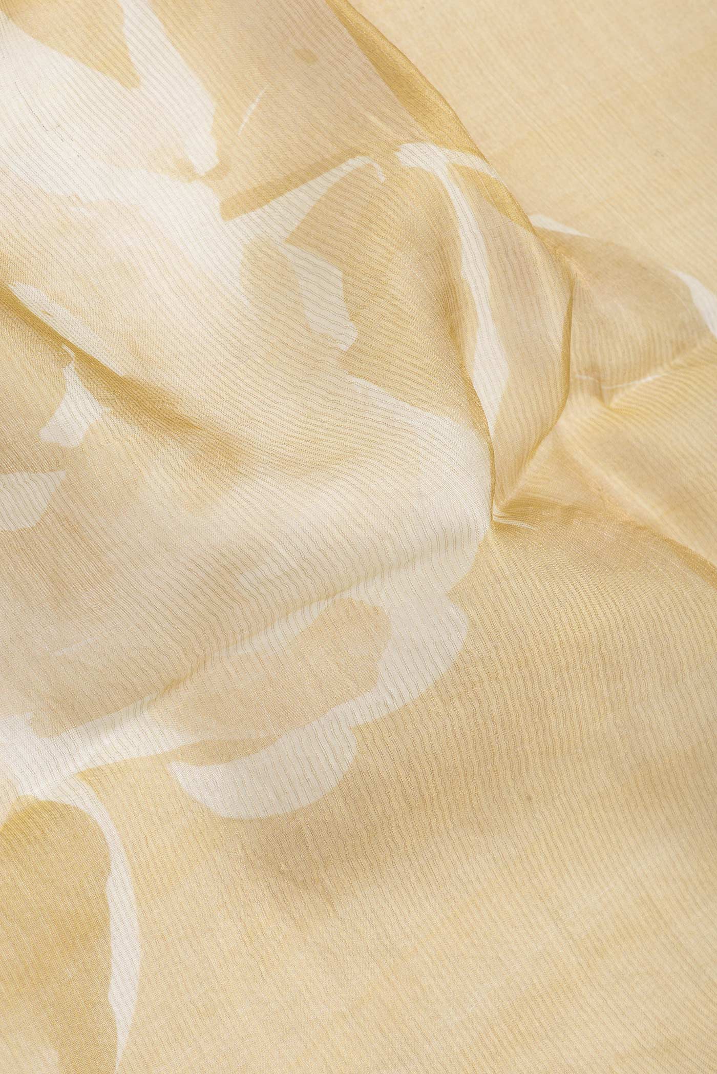 Close up of Mehandi Green Dual Tone Tussar Silk Saree with Printed design on the body and Embroidery Border.  displaying folds