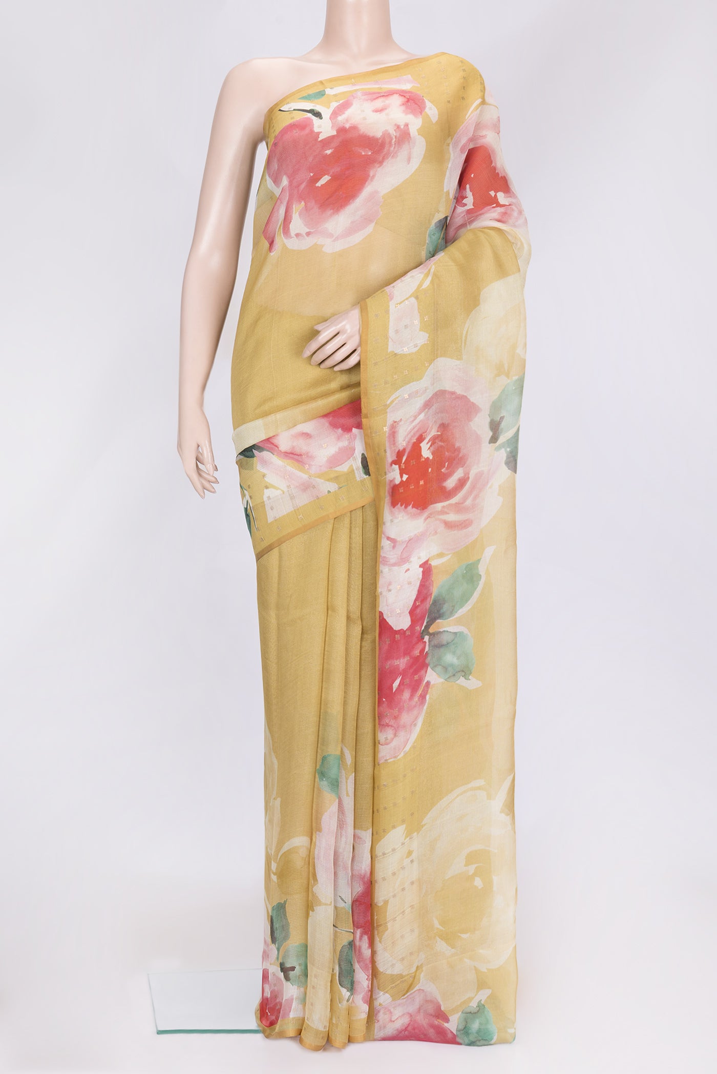 Mehandi Green Dual Tone Tussar Silk Saree with Printed design on the body and Embroidery Border.  displayed on a mannequin