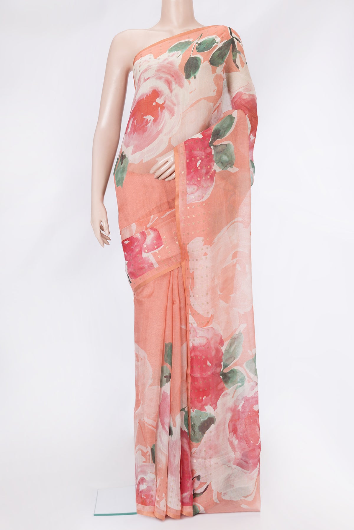 Orange Dual Tone Tussar Silk Saree with Printed design on the body and Zari Border.  displayed on a mannequin