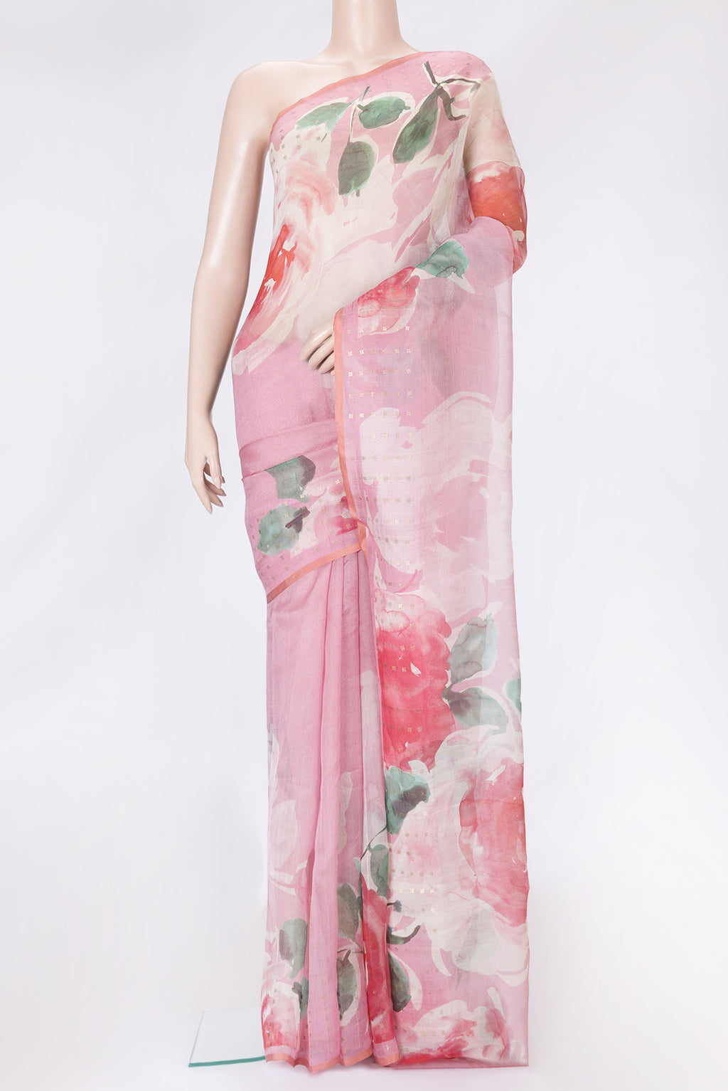 Pink Dual Tone Tussar Silk Saree with Printed design on the body and Embroidery Border.  displayed on a mannequin