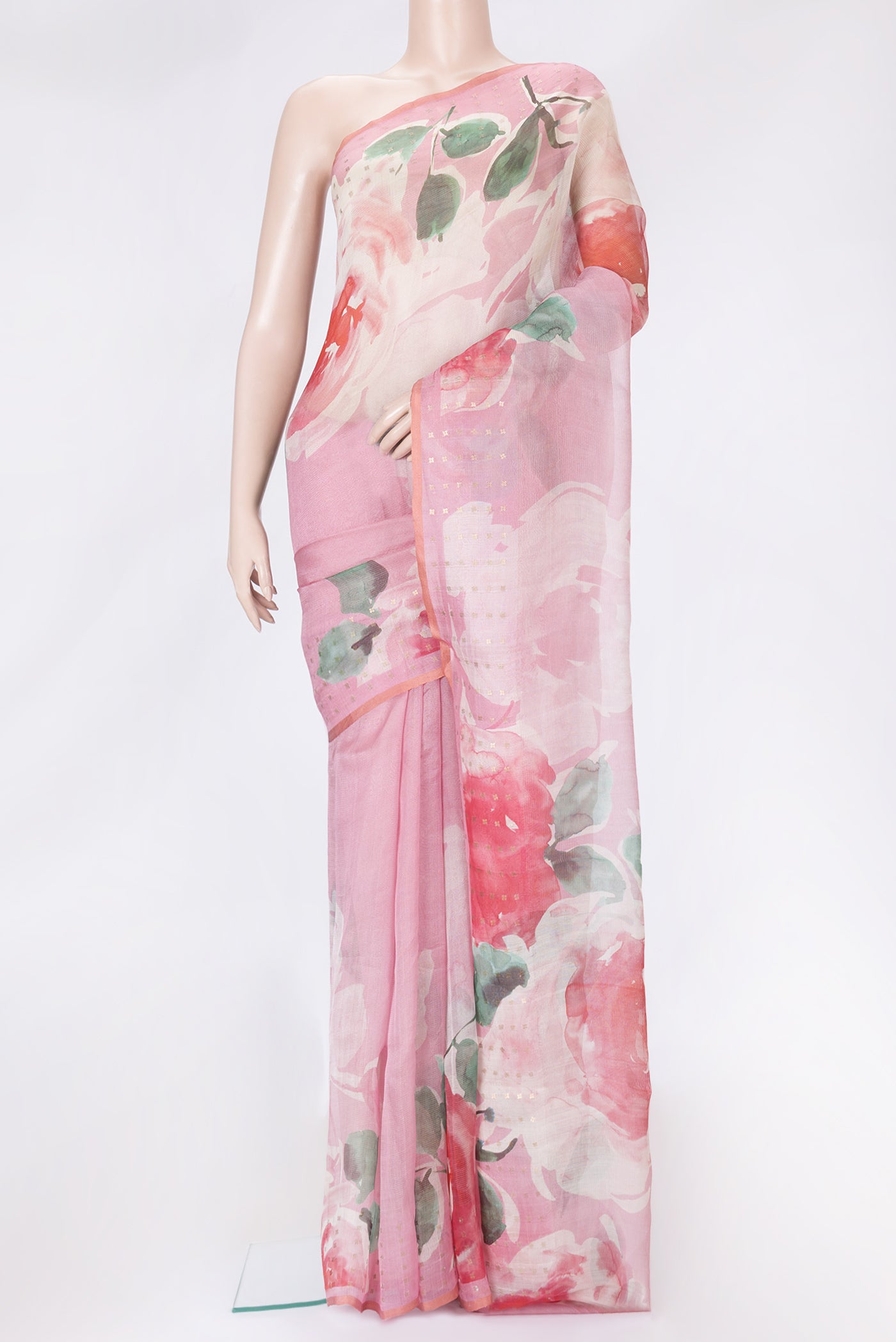 Pink Dual Tone Tussar Silk Saree with Printed design on the body and Embroidery Border.  displayed on a mannequin