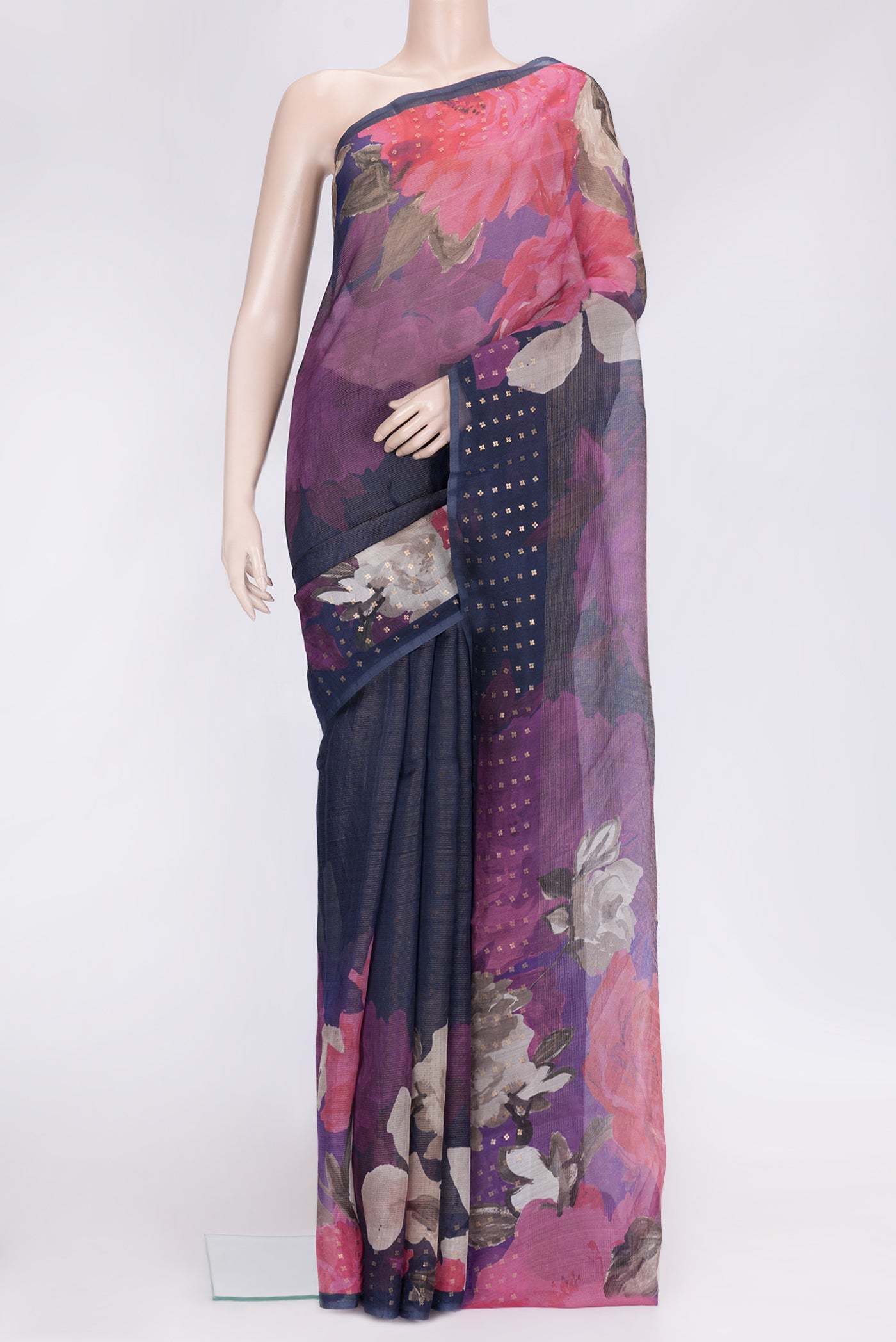 Navy Blue Dual Tone Tussar Silk Saree with Printed design on the body and Embroidery Border.  displayed on a mannequin