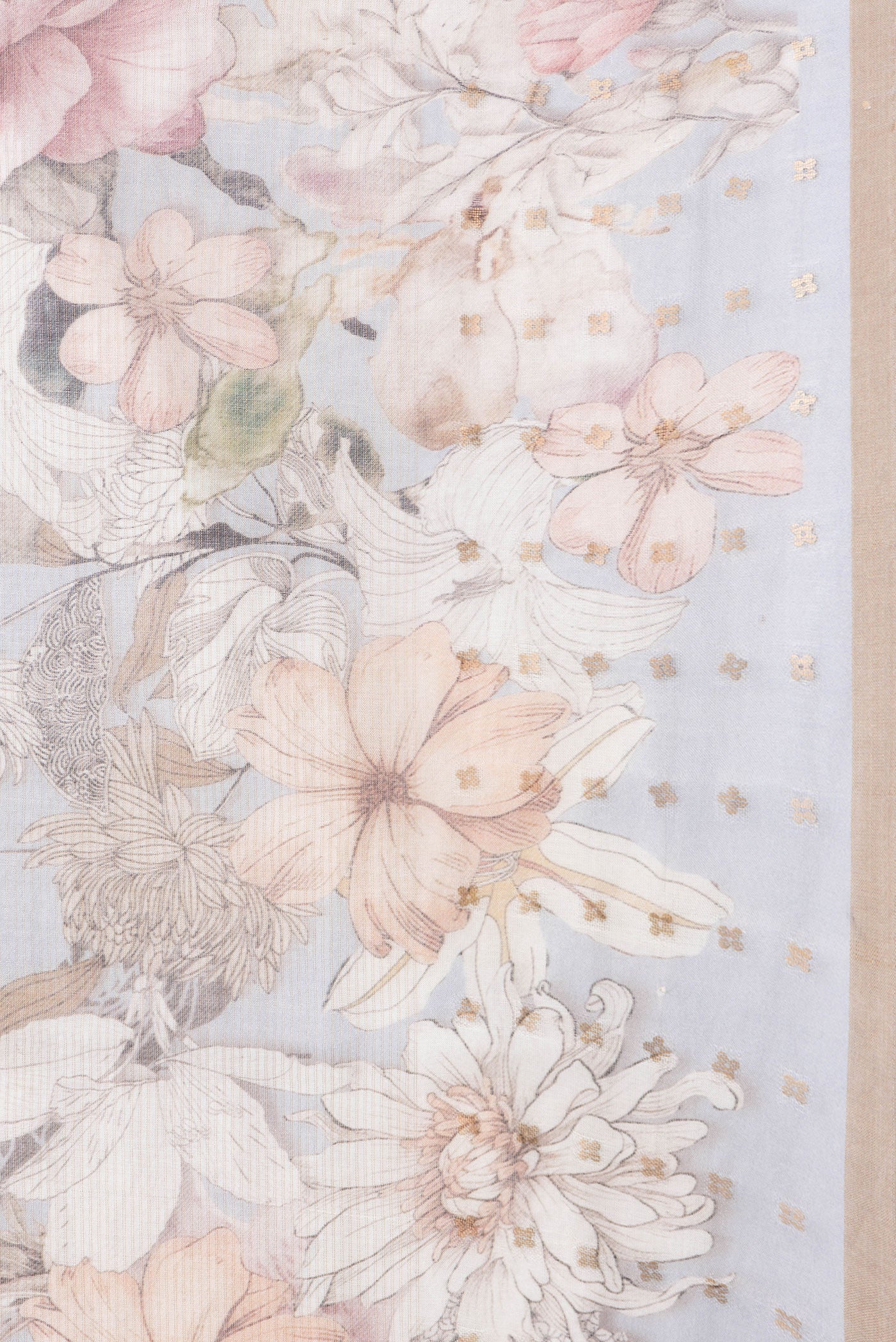Border image of Grey Dual Tone Tussar Silk Saree with Printed design on the body and Embroidery Border. 