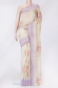 Sandal Dual Tone Tussar Silk Saree with Printed design on the body and Zari Border.  displayed on a mannequin