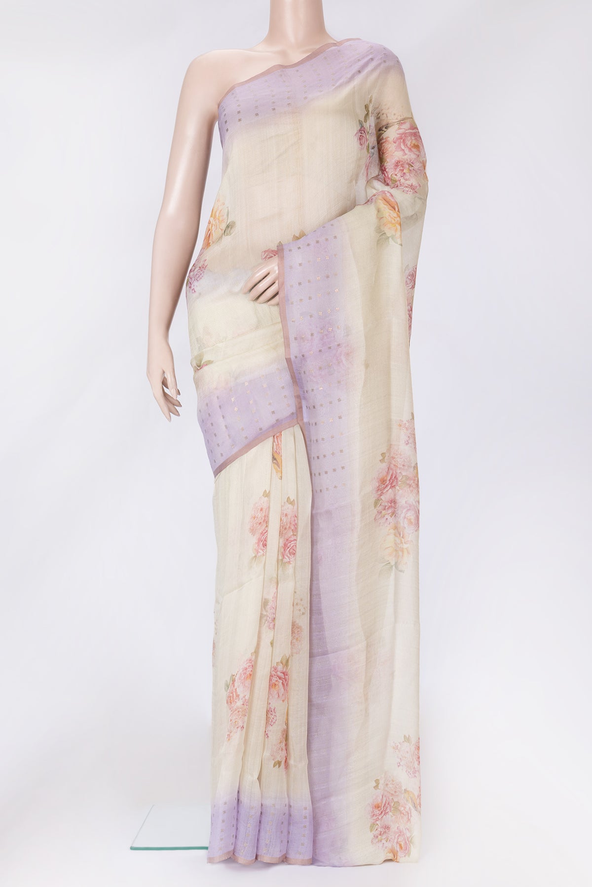 Sandal Dual Tone Tussar Silk Saree with Printed design on the body and Zari Border.  displayed on a mannequin