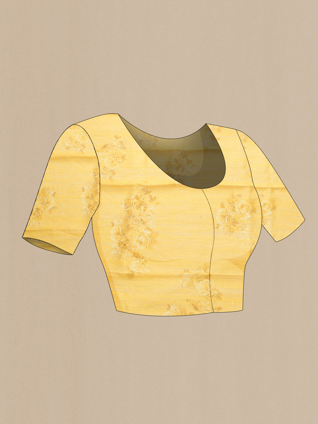 Close up image of the blouse of Beige Dual Tone Tussar Silk Saree with Printed design on the body and Printed Border. 