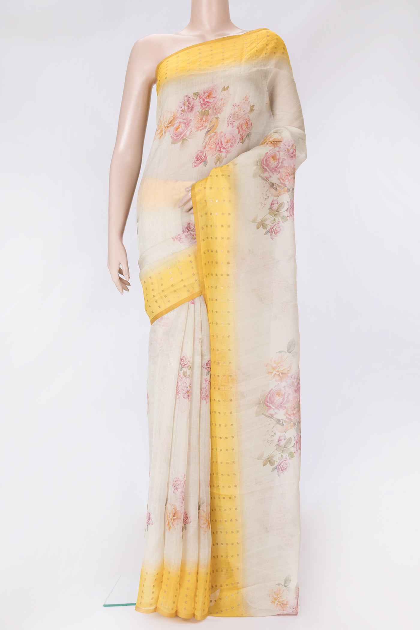 Beige Dual Tone Tussar Silk Saree with Printed design on the body and Printed Border.  displayed on a mannequin