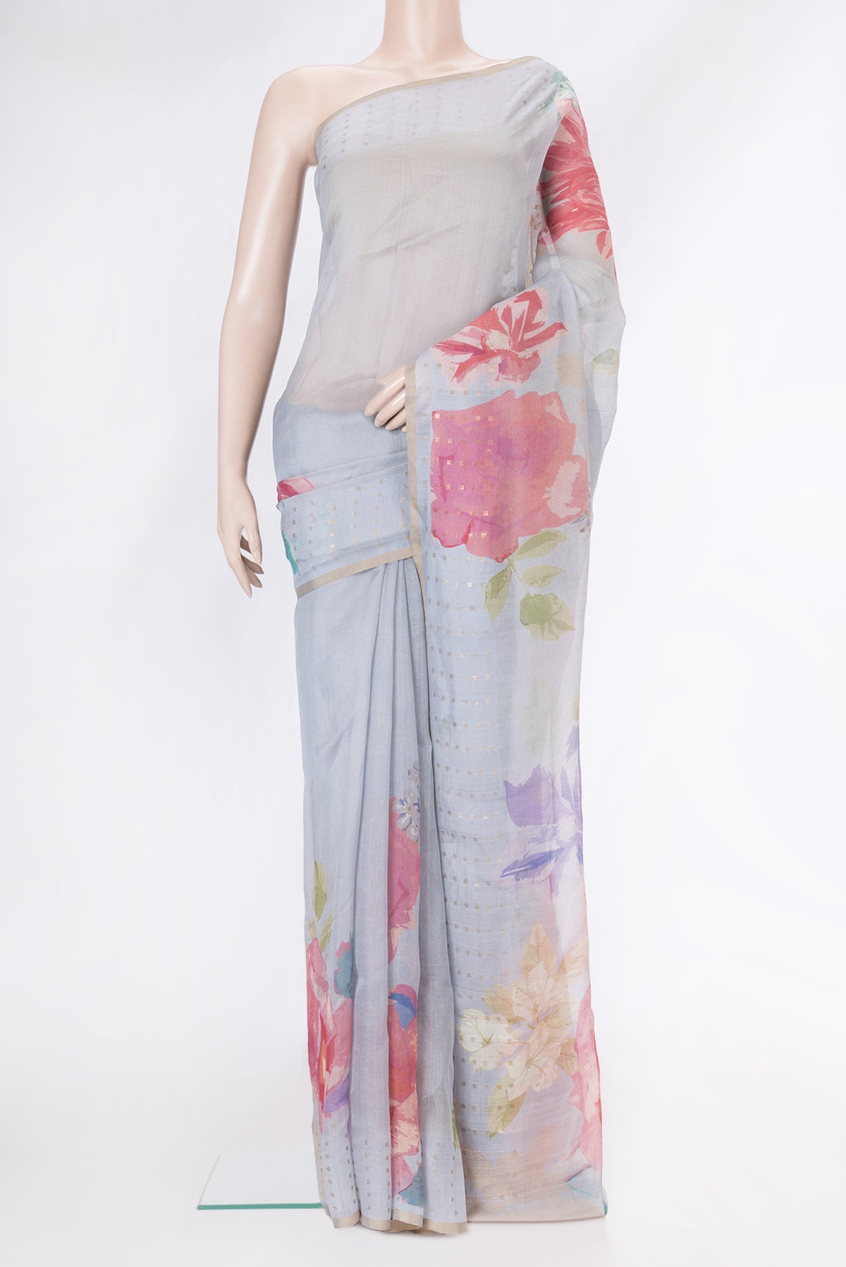 Grey Dual Tone Tussar Silk Saree with Stripes on the body and Embroidery Border.  displayed on a mannequin