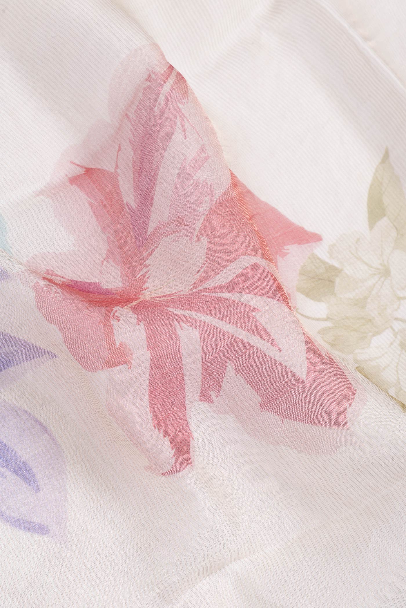 Close up of Beige Dual Tone Tussar Silk Saree with Printed design on the body and Embroidery Border.  displaying folds