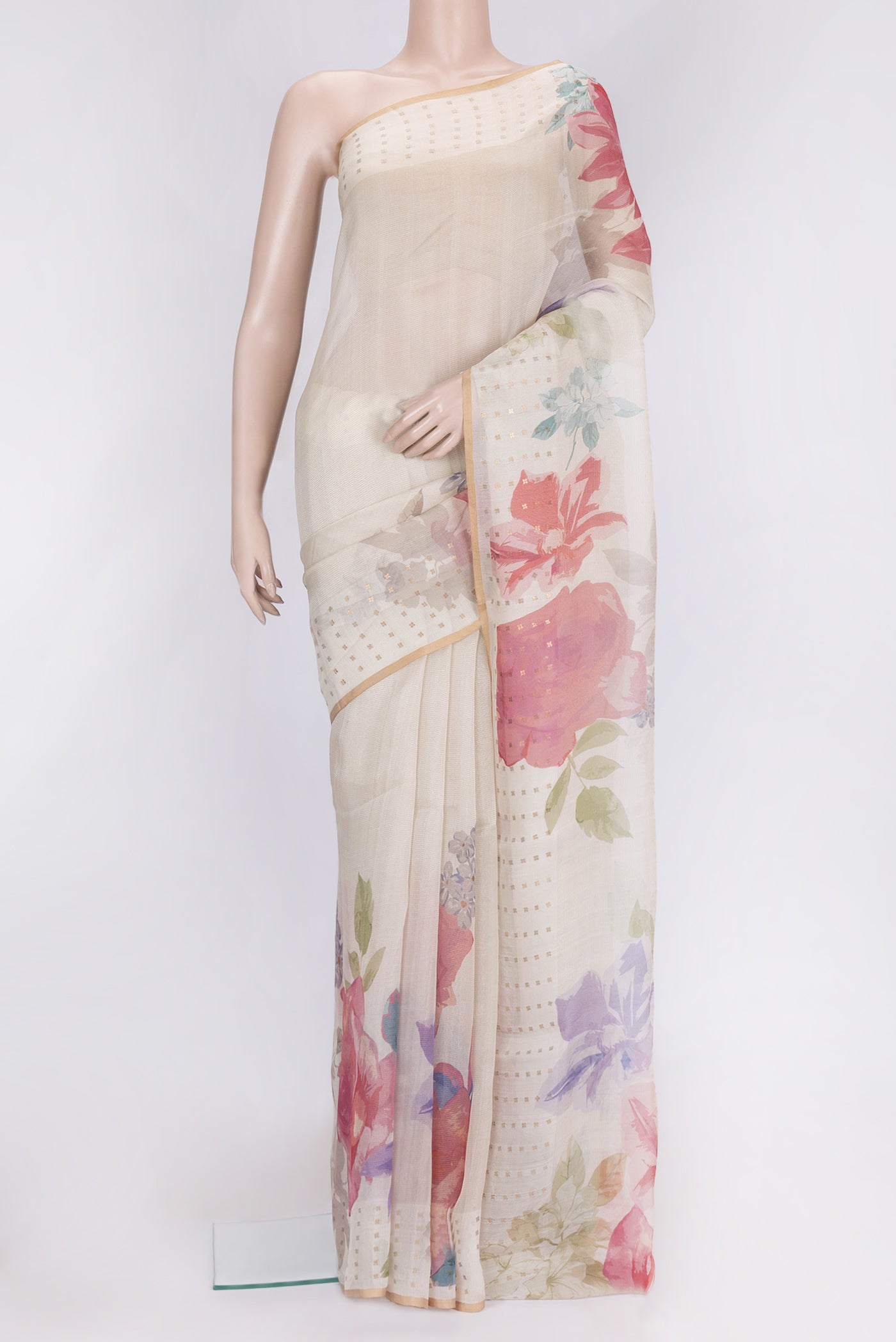 Beige Dual Tone Tussar Silk Saree with Printed design on the body and Embroidery Border.  displayed on a mannequin