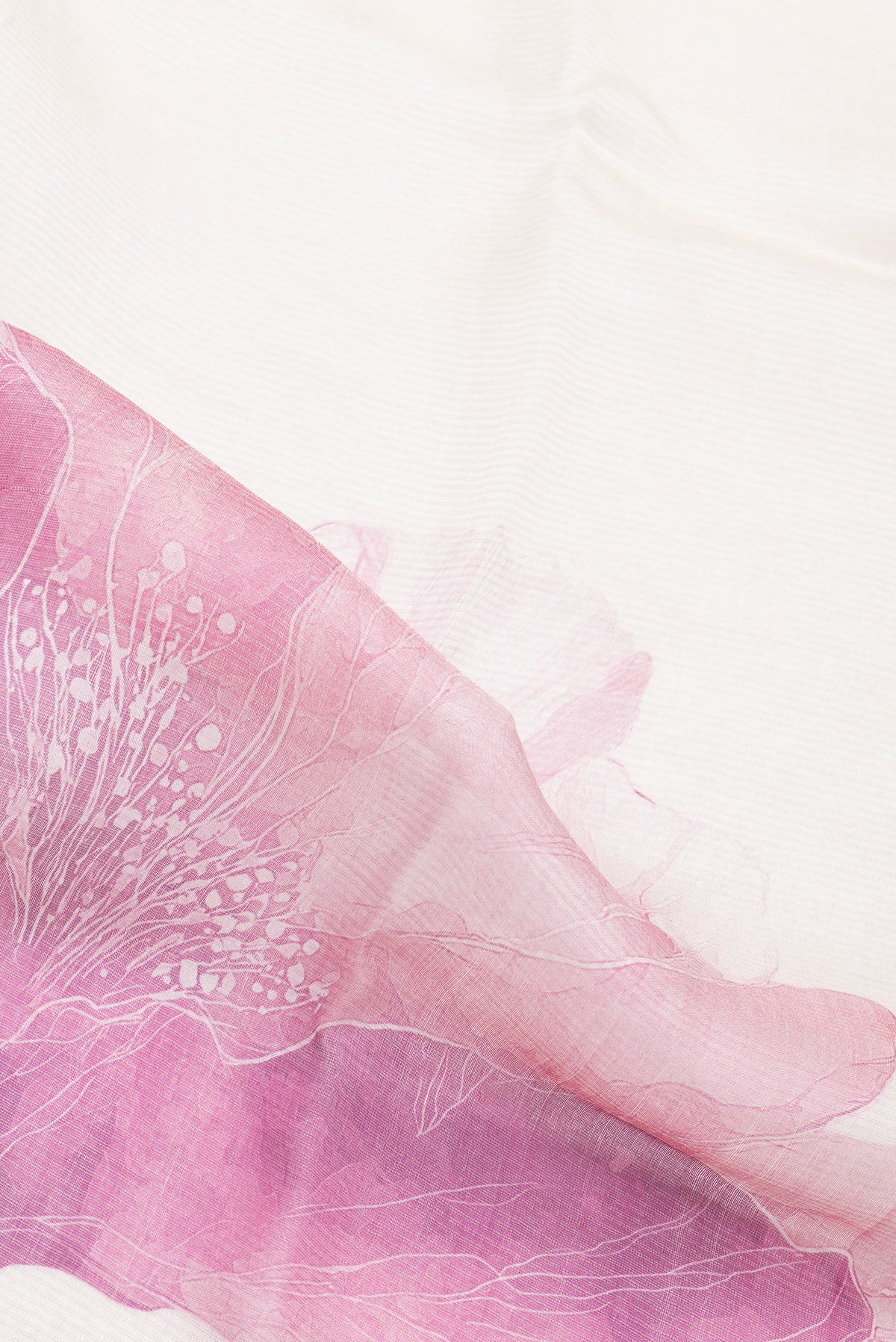 Close up of Beige Tussar Silk Saree with Printed design on the body and Zari Border.  displaying folds