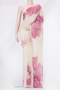 Beige Tussar Silk Saree with Printed design on the body and Zari Border.  displayed on a mannequin