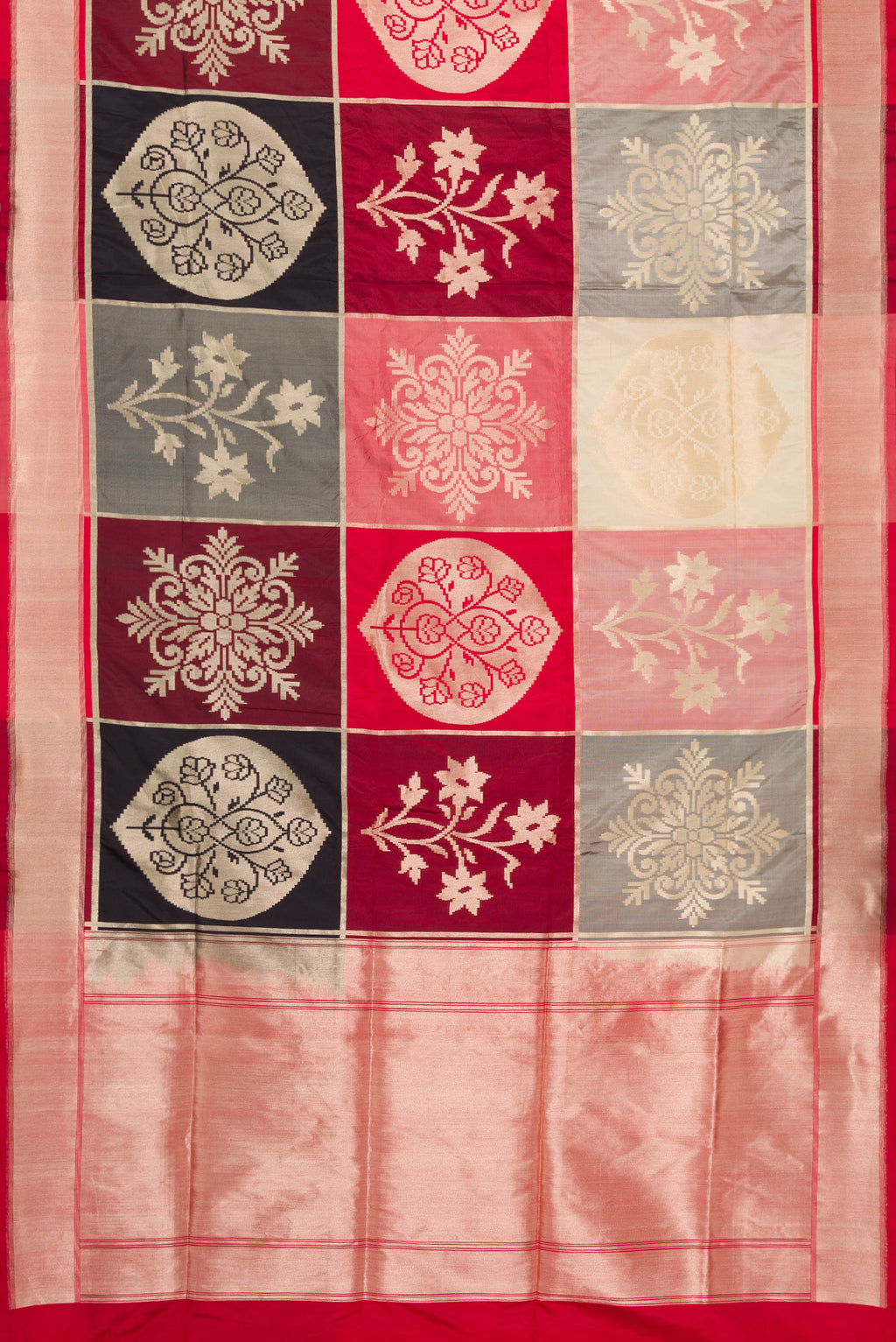 Flat view of Red, Maroon, Black and Off White Color Banarasi Silk Saree with Zari Brocade on the body and Zari Border. 