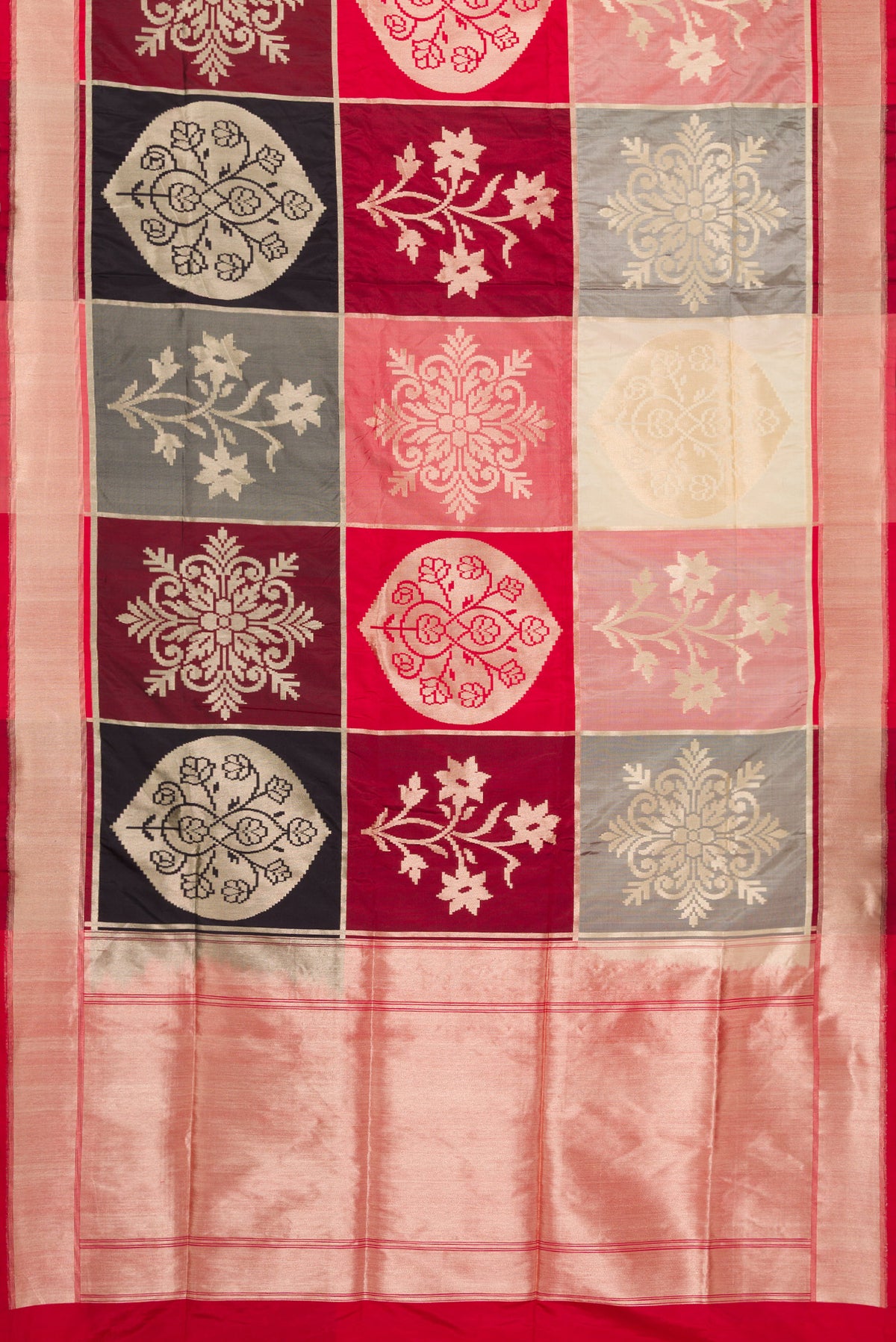 Flat view of Red, Maroon, Black and Off White Color Banarasi Silk Saree with Zari Brocade on the body and Zari Border. 