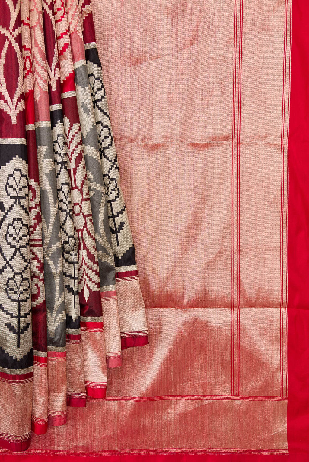 Pleats and pallu of Red, Maroon, Black and Off White Color Banarasi Silk Saree with Zari Brocade on the body and Zari Border. 