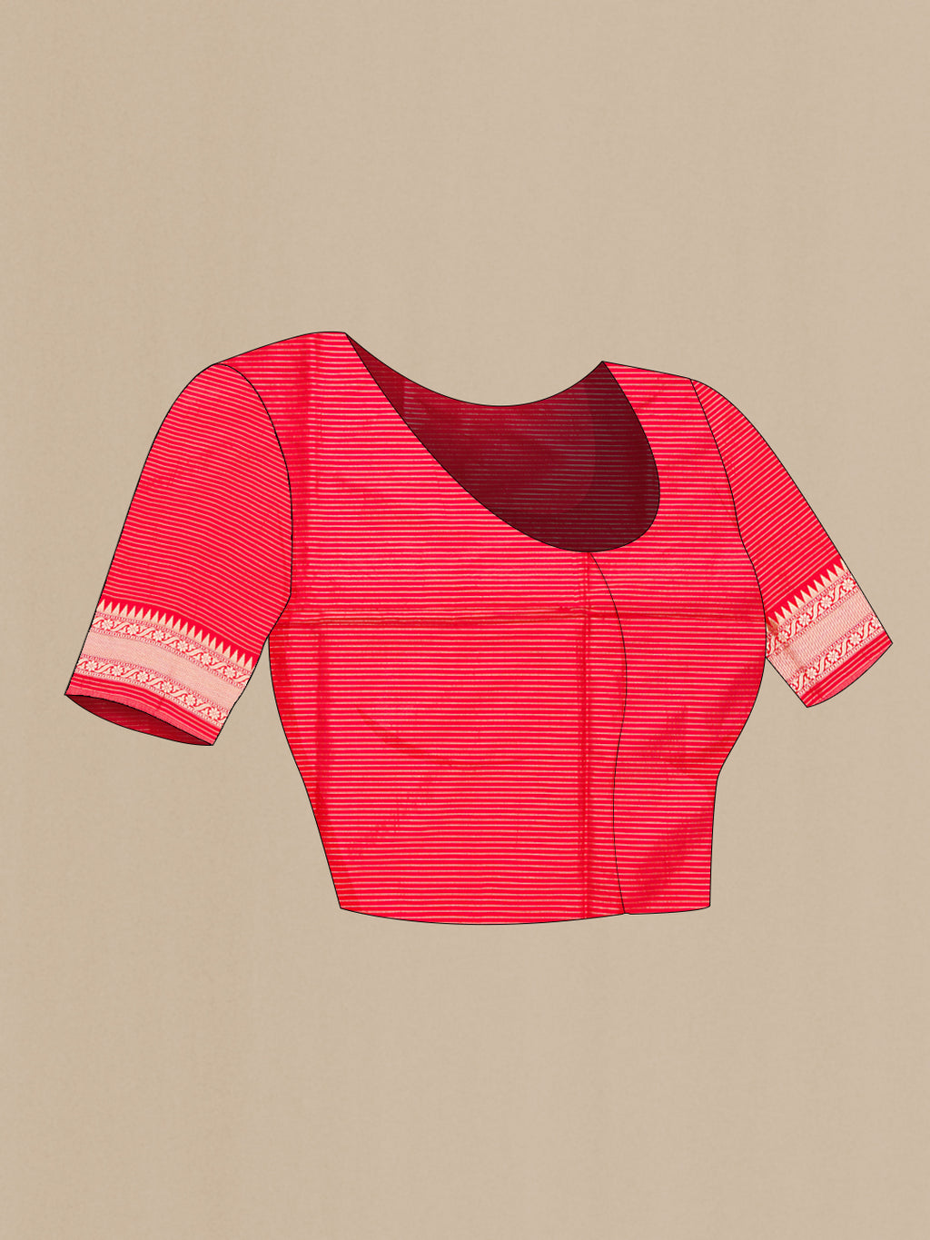 Close up image of the blouse of Red Dual Tone Banarasi Silk Saree with Zari Brocade on the body and Zari Border. 