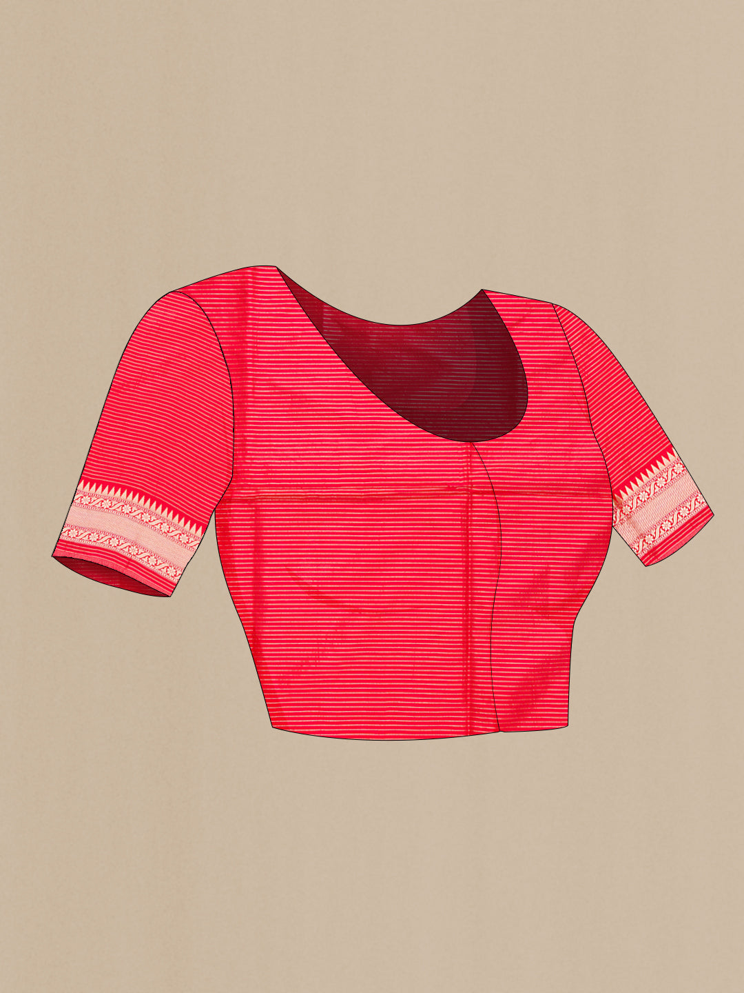 Close up image of the blouse of Red Dual Tone Banarasi Silk Saree with Zari Brocade on the body and Zari Border. 