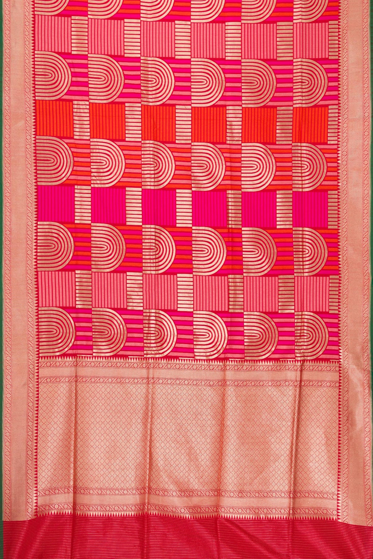 Flat view of Red Dual Tone Banarasi Silk Saree with Zari Brocade on the body and Zari Border. 