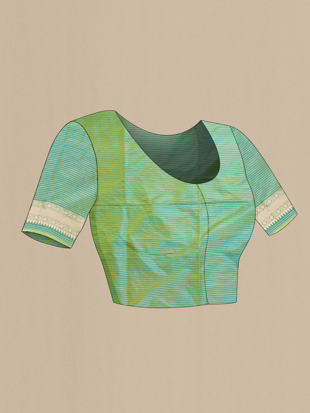 Close up image of the blouse of Green Dual Tone Banarasi Silk Saree with Zari Brocade on the body and Zari Border. 