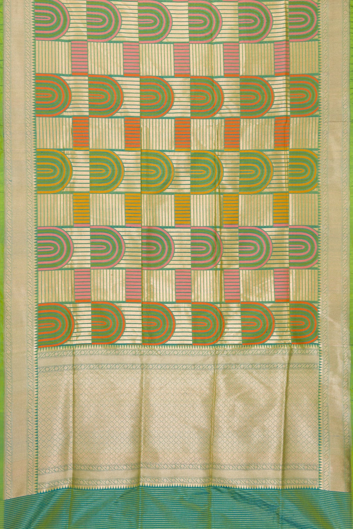 Flat view of Green Dual Tone Banarasi Silk Saree with Zari Brocade on the body and Zari Border. 