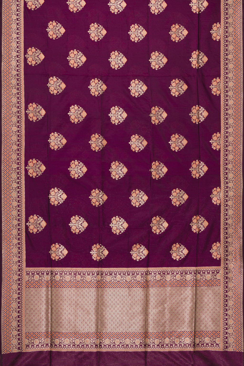 Flat view of Burgundy Dual Tone Banarasi Silk Saree with Zari Butta on the body and Fancy Border. 