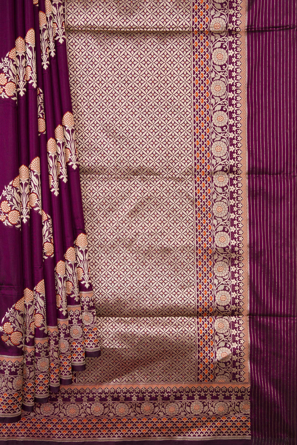 Pleats and pallu of Burgundy Dual Tone Banarasi Silk Saree with Zari Butta on the body and Fancy Border. 