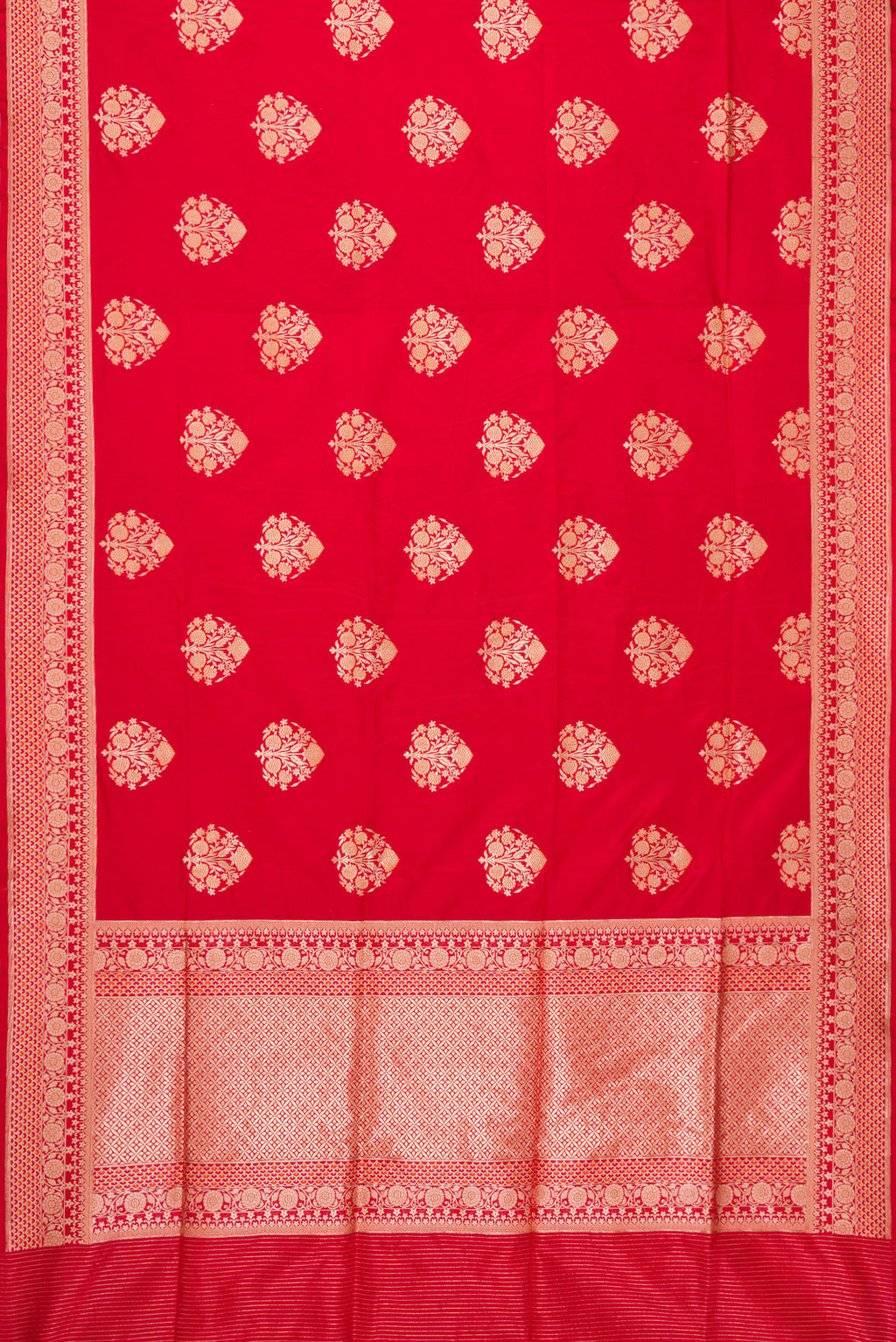 Flat view of Red Dual Tone Banarasi Silk Saree with Zari And Thread Butta on the body and Zari Border. 