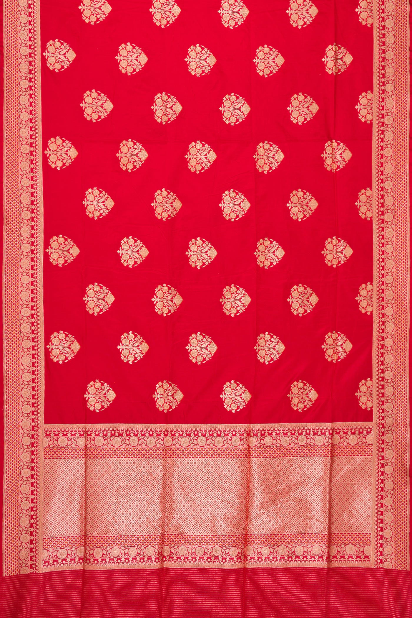 Flat view of Red Dual Tone Banarasi Silk Saree with Zari And Thread Butta on the body and Zari Border. 