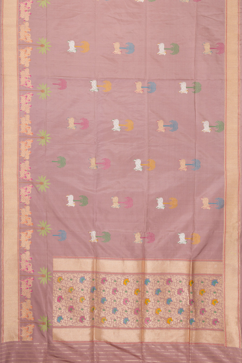 Flat view of Rose Gold Dual Tone Banarasi Silk Saree with Zari And Thread Butta on the body and Fancy Border. 
