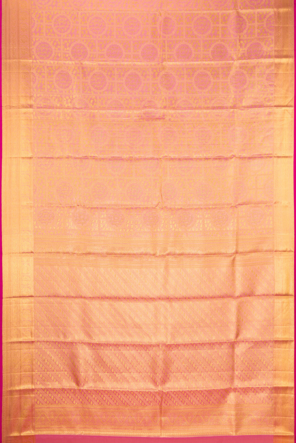 Flat view of Rose pink Dual Tone Kanchipuram Tissue Silk Saree with Zari Brocade on the body and Zari Border. 