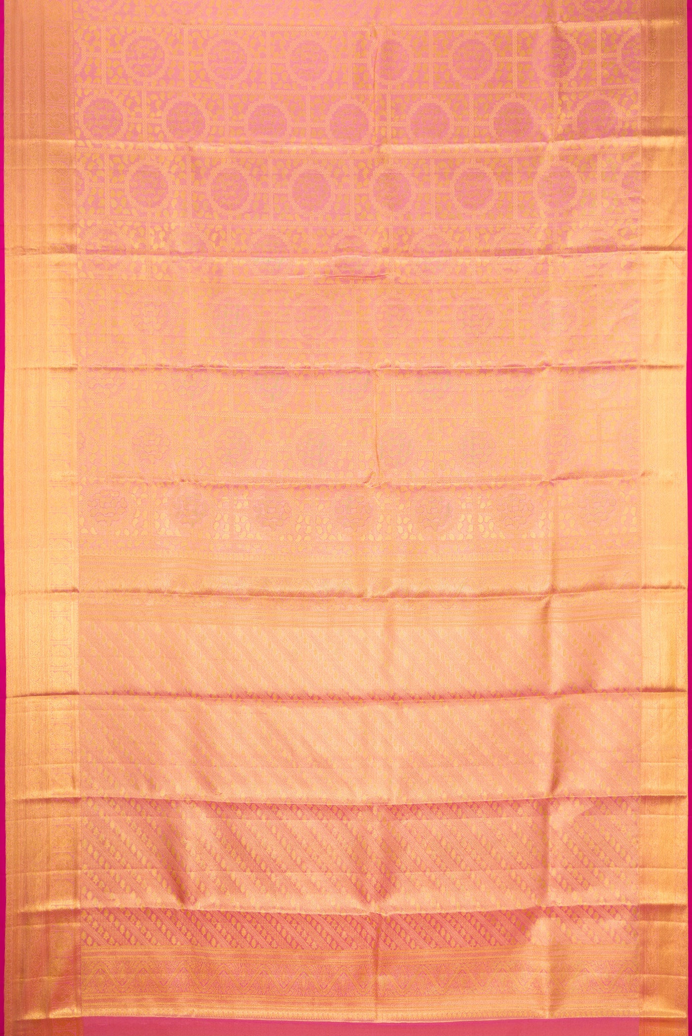Flat view of Rose pink Dual Tone Kanchipuram Tissue Silk Saree with Zari Brocade on the body and Zari Border. 