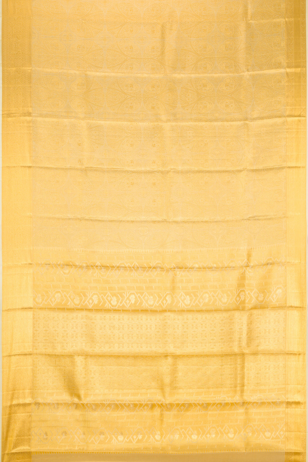 Flat view of Gold Dual Tone Kanchipuram Tissue Silk Saree with Zari Brocade on the body and Zari Border. 