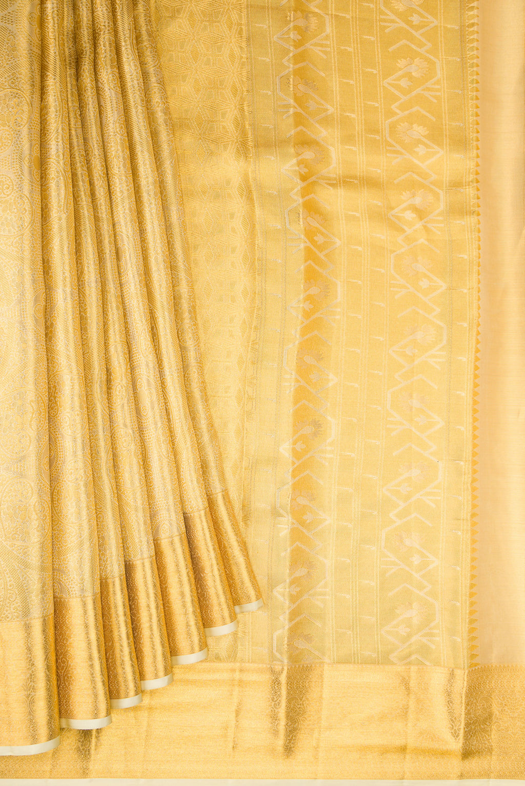 Pleats and pallu of Gold Dual Tone Kanchipuram Tissue Silk Saree with Zari Brocade on the body and Zari Border. 