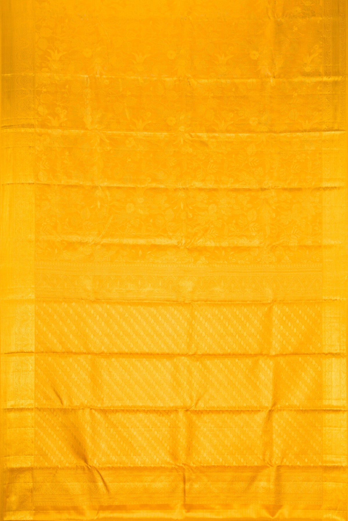 Flat view of Gold Dual Tone Kanchipuram Tissue Silk Saree with Zari Brocade on the body and Zari Border. 