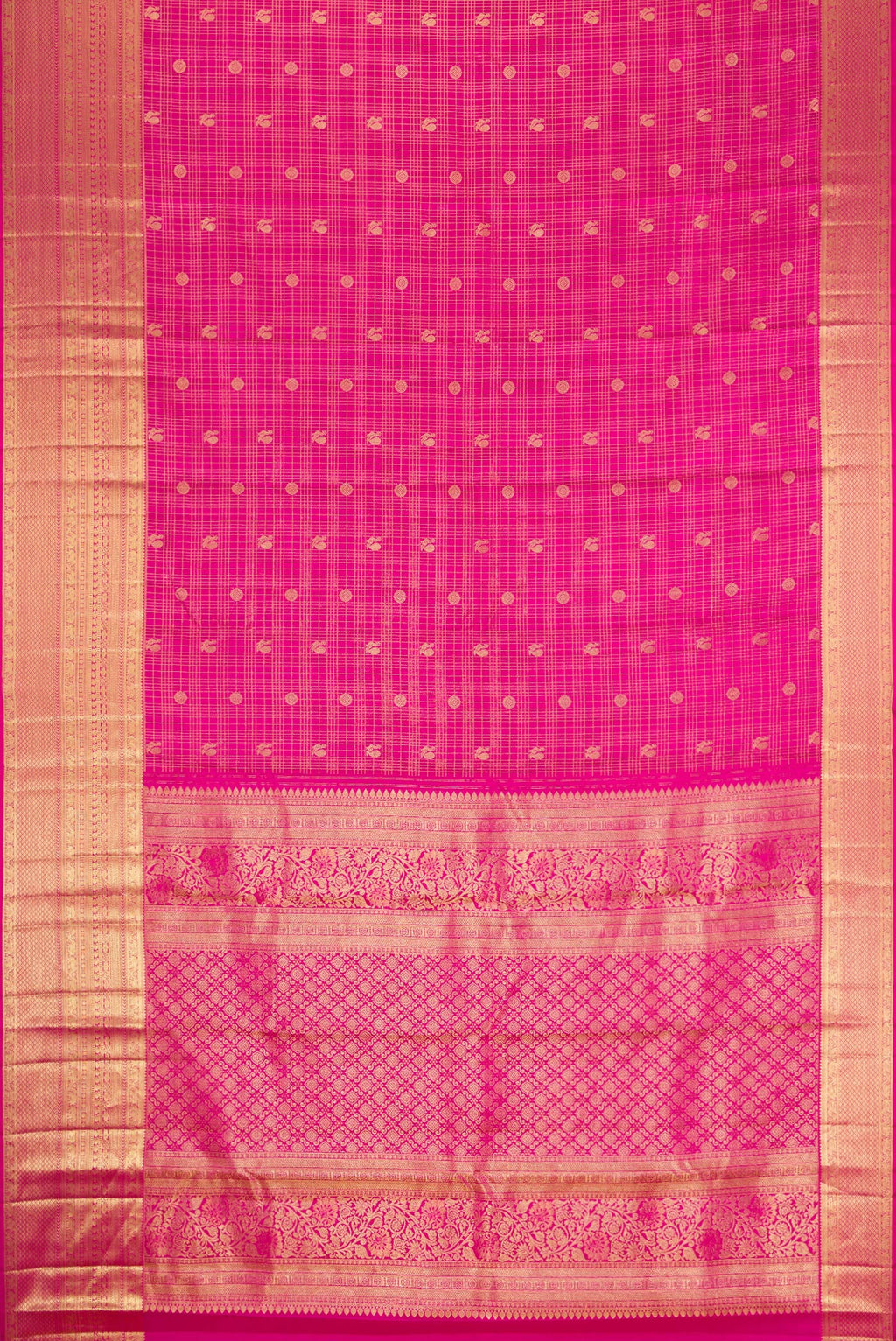 Flat view of Pink Dual Tone Kanjivaram Silk Saree with Checked design on the body and Zari Border. 