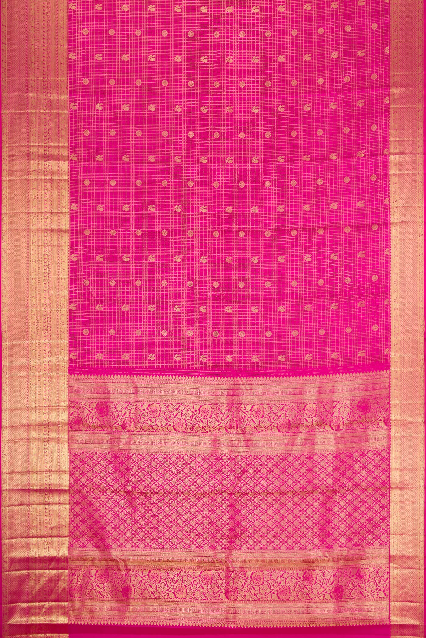 Flat view of Pink Dual Tone Kanjivaram Silk Saree with Checked design on the body and Zari Border. 