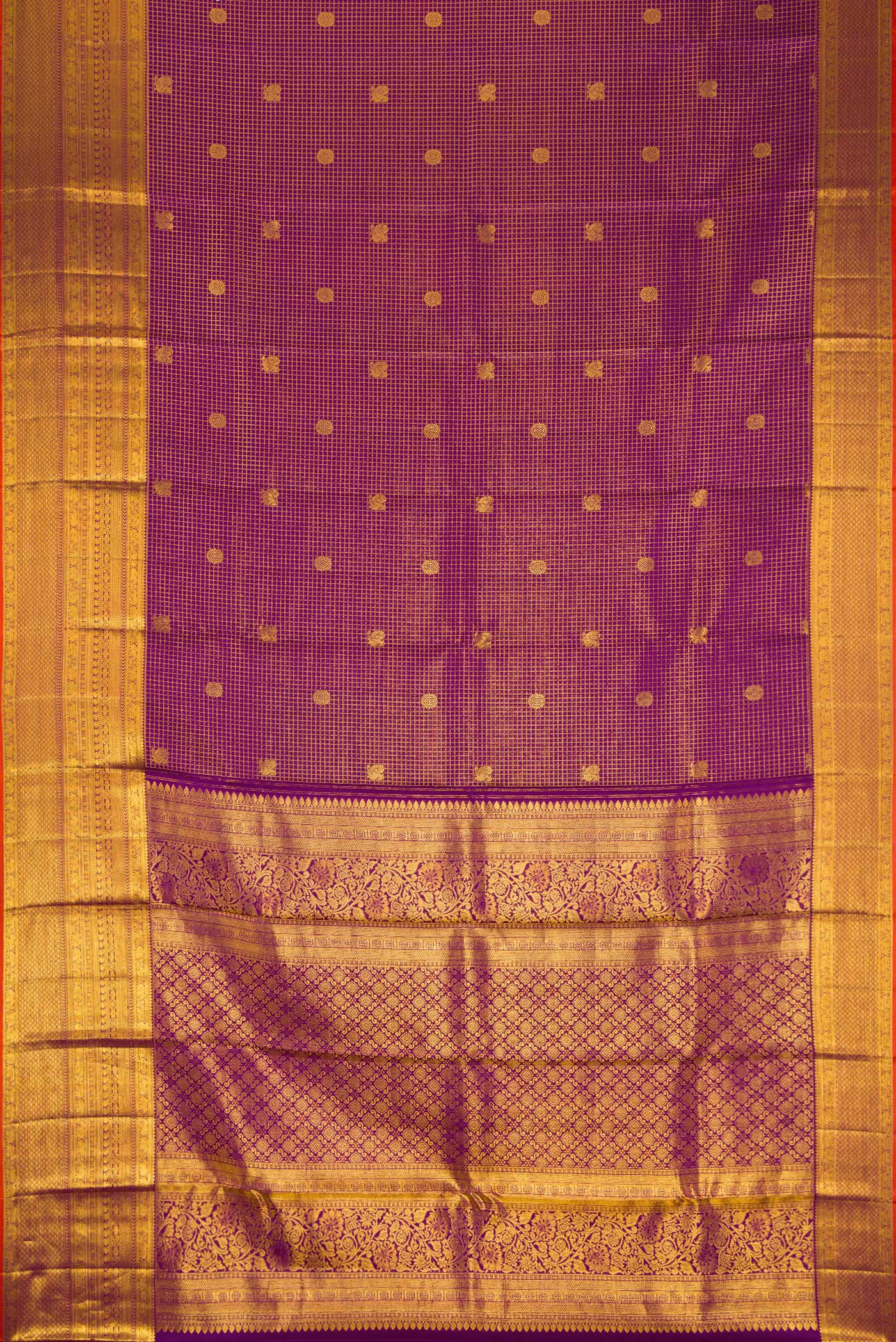 Flat view of Violet Dual Tone Kanjivaram Silk Saree with Checked design on the body and Zari Border. 