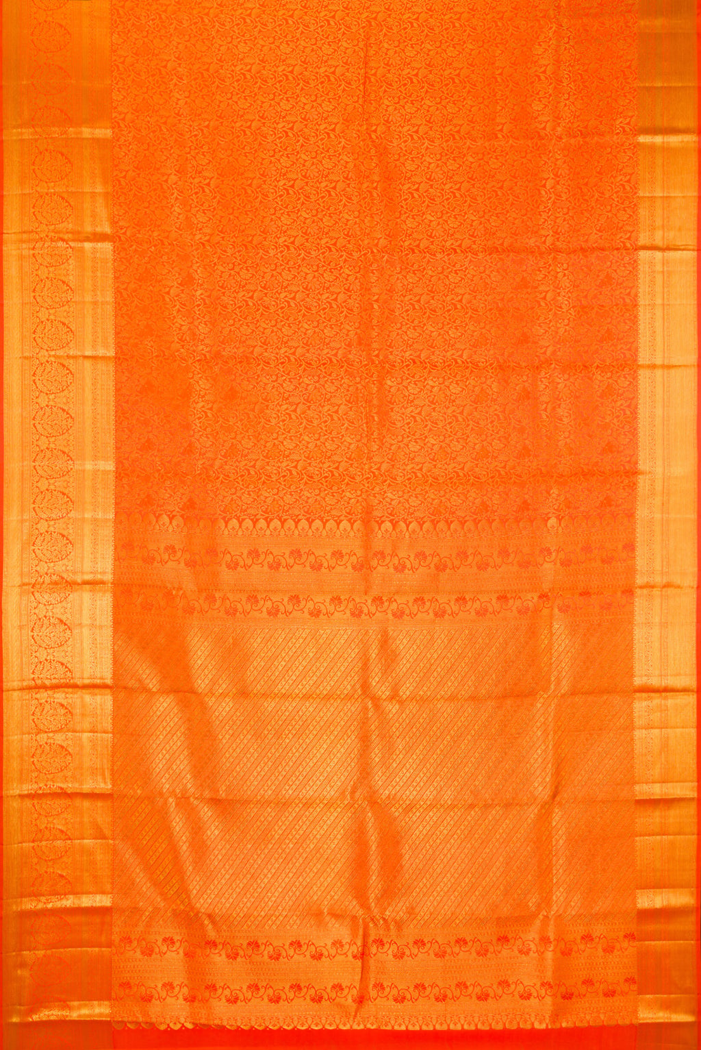 Flat view of Pure Silk Orange Kanjivaram Saree with Zari Brocade on the body and Zari Border. 