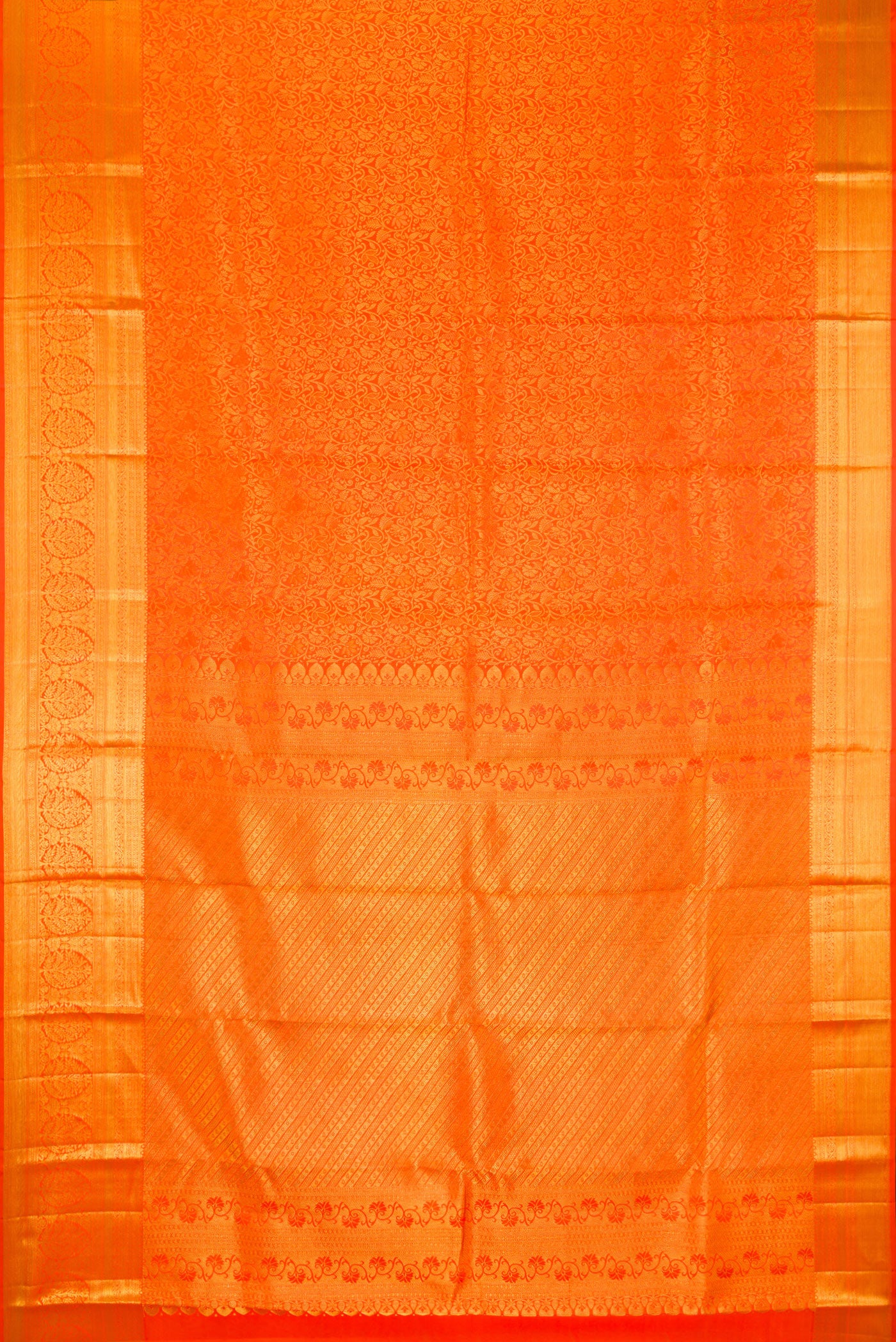 Flat view of Pure Silk Orange Kanjivaram Saree with Zari Brocade on the body and Zari Border. 