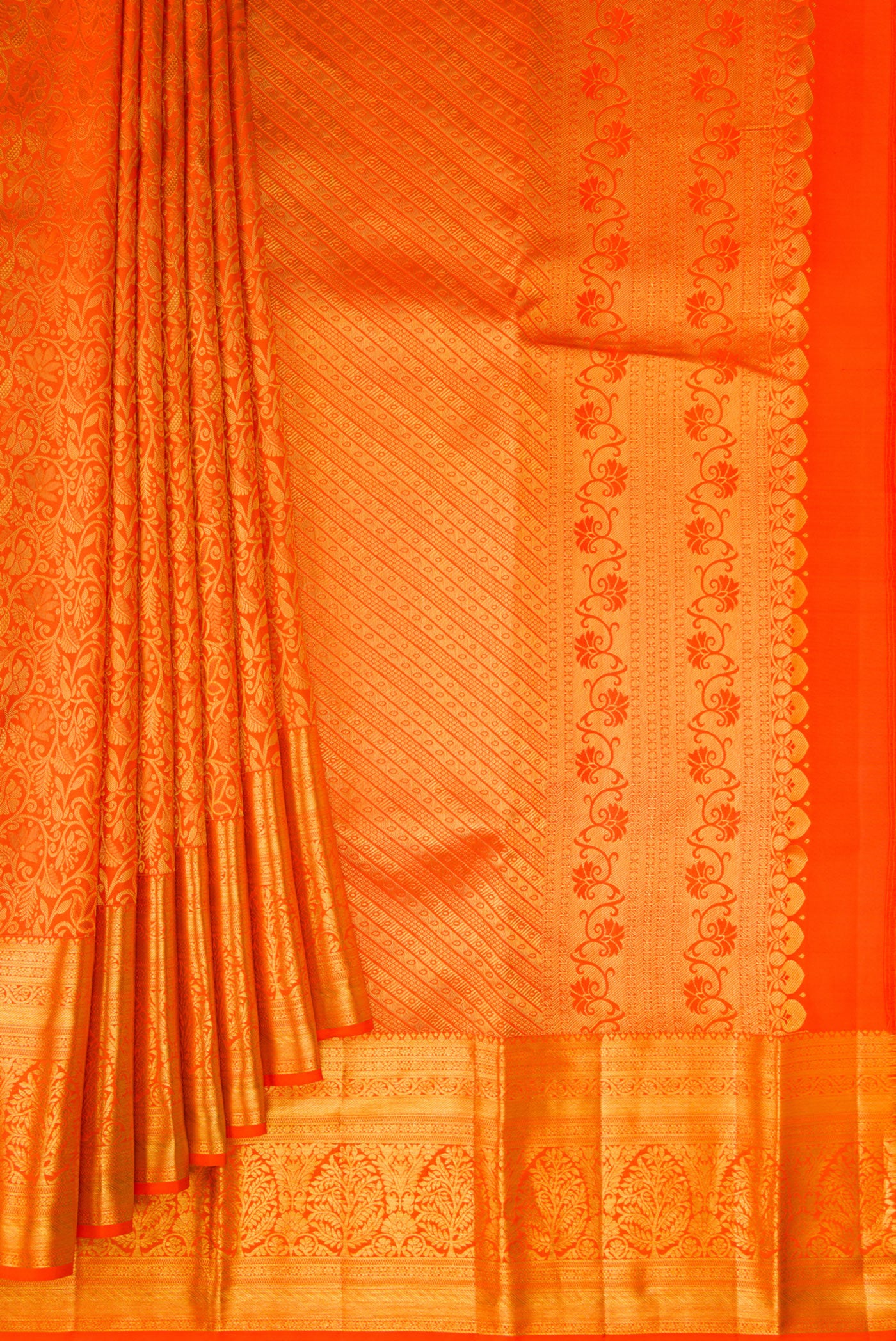 Pleats and pallu of Pure Silk Orange Kanjivaram Saree with Zari Brocade on the body and Zari Border. 