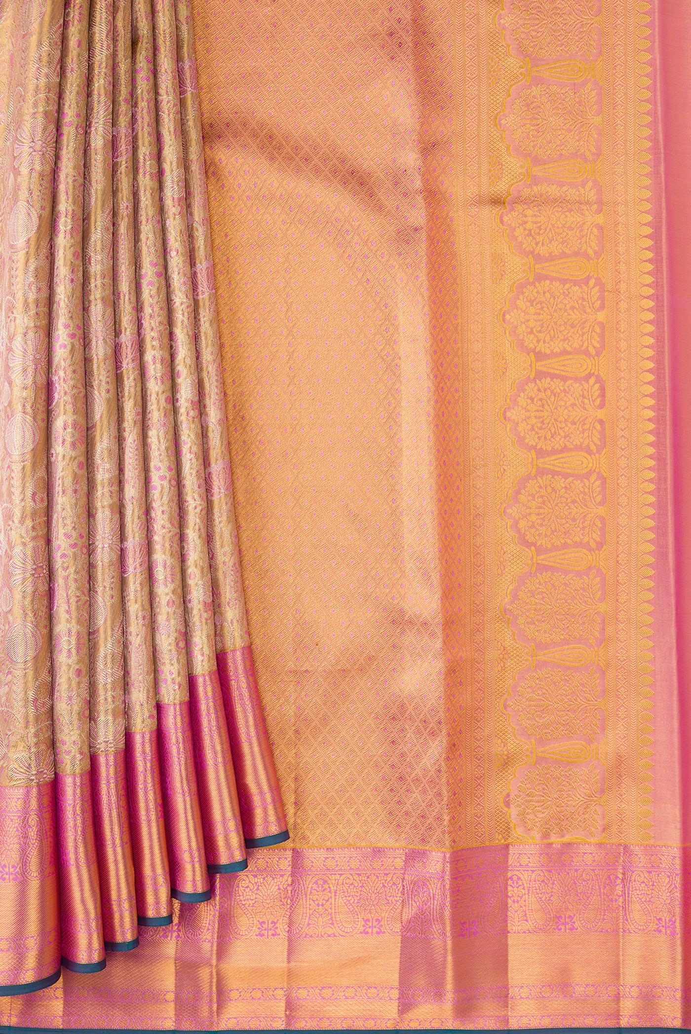 Pleats and pallu of Gold Dual Tone Kanjivaram Tissue Silk Saree with Zari Brocade on the body and Zari Border. 