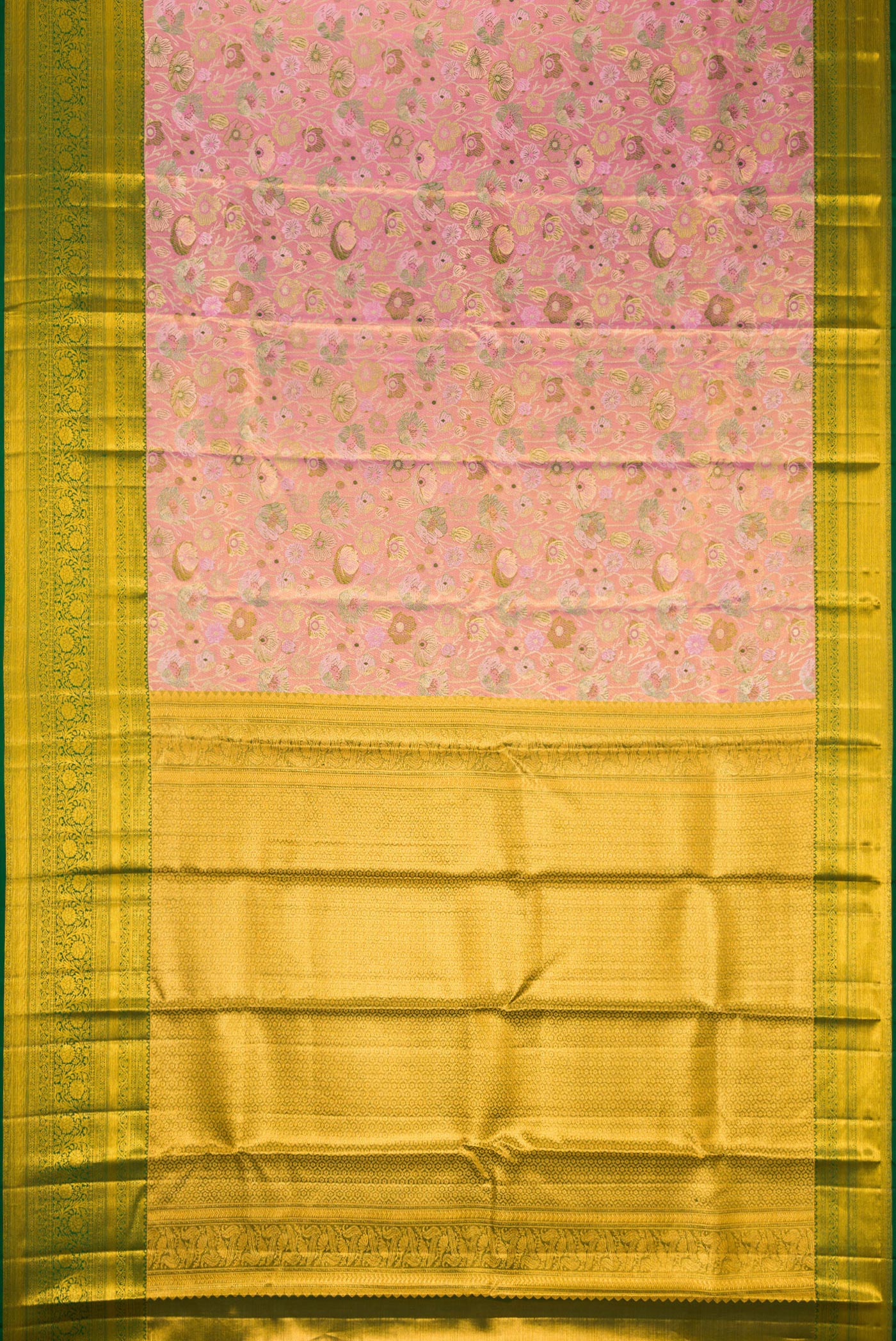 Flat view of Pink Dual Tone Kanjivaram Tissue Silk Saree with Zari Brocade on the body and Zari Border. 
