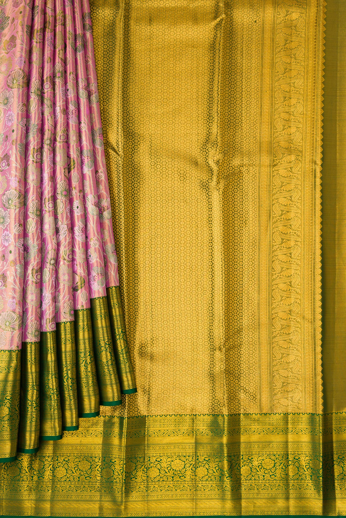 Pleats and pallu of Pink Dual Tone Kanjivaram Tissue Silk Saree with Zari Brocade on the body and Zari Border. 