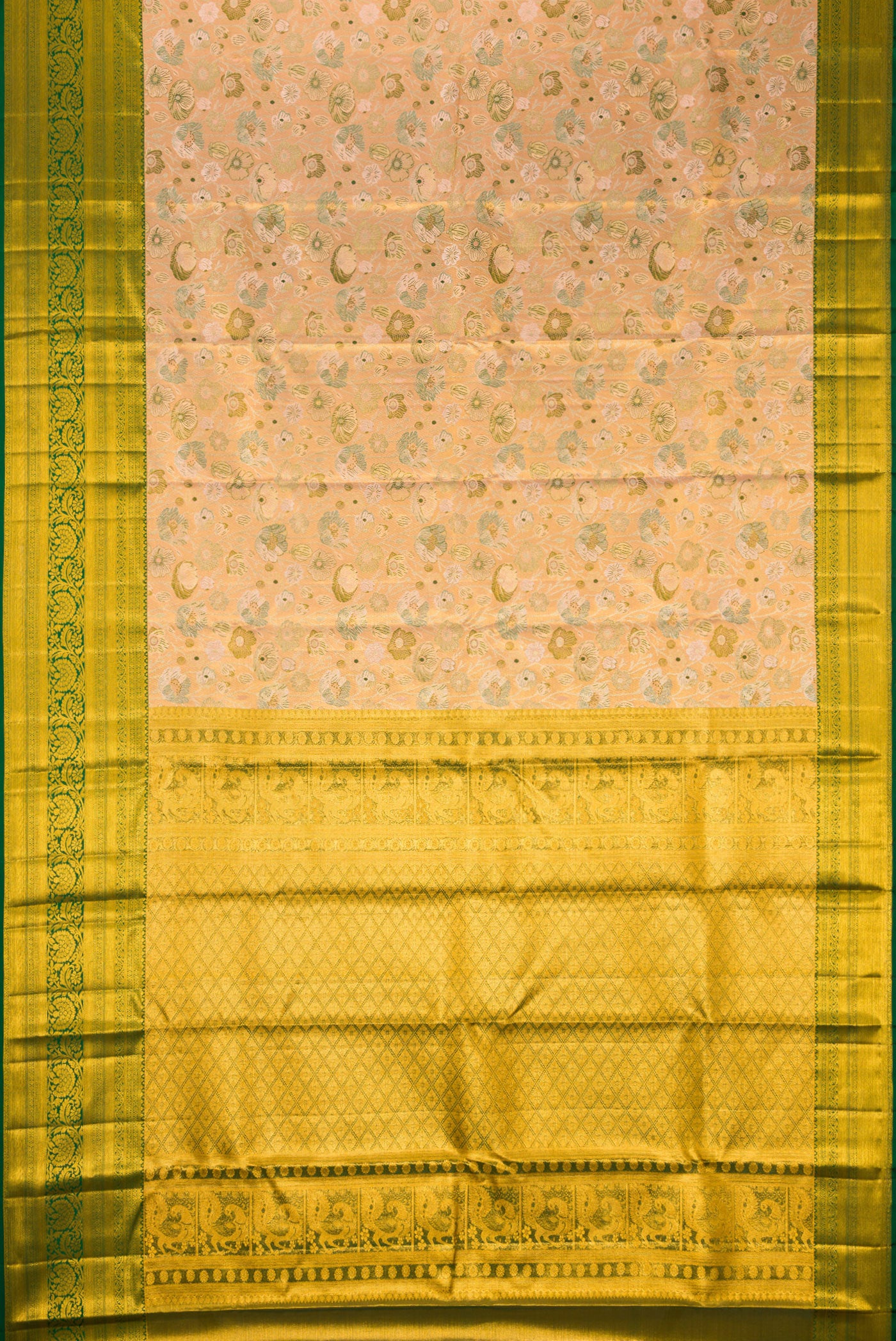 Flat view of Peach Dual Tone Kanjivaram Tissue Silk Saree with Zari Brocade on the body and Zari Border. 